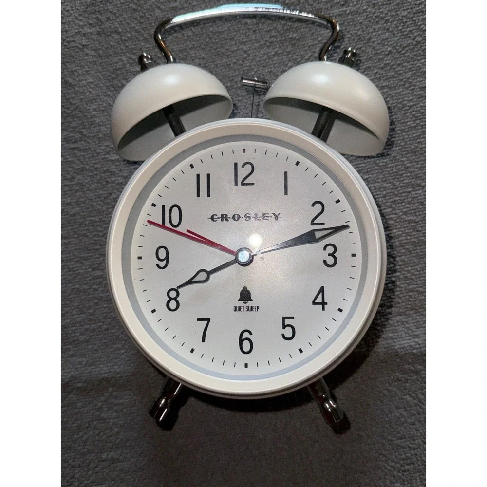 Crosley Vintage Style Twin Bell Alarm Clock White Quartz Quiet Sweep Metal Retro